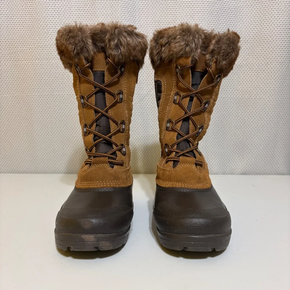 Lands End Womens Snow Duck Boots 7.5 Brown Insulated Faux Fur Winter Gorpcore